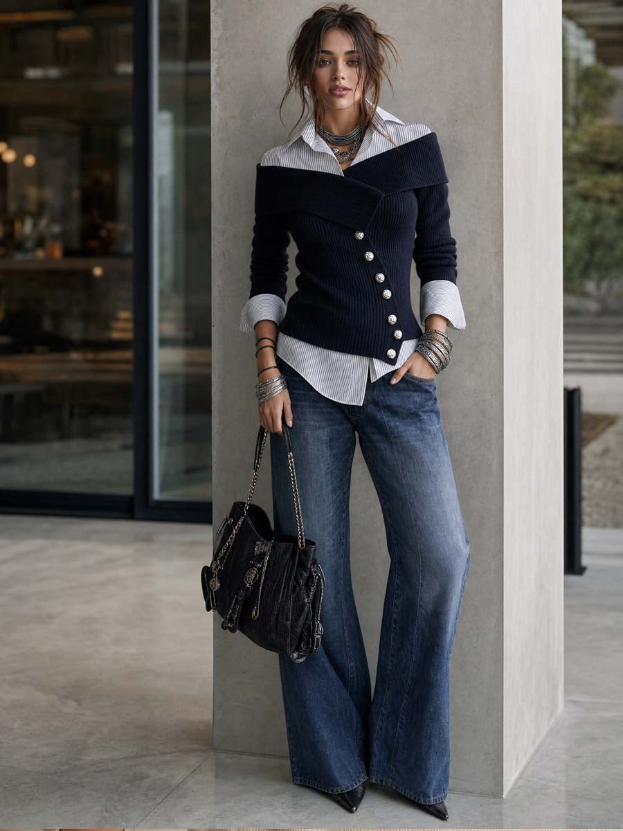 Blusa de Punto con Efecto Capas y Botonadura Asimétrica