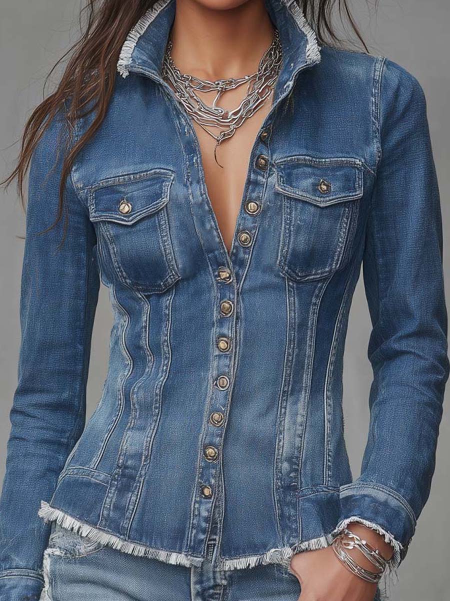 Chamarra Camisera de Mezclilla Retro con Orilla Deshilachada