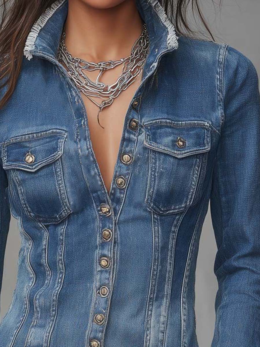 Chamarra Camisera de Mezclilla Retro con Orilla Deshilachada