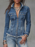 Chamarra Camisera de Mezclilla Retro con Orilla Deshilachada