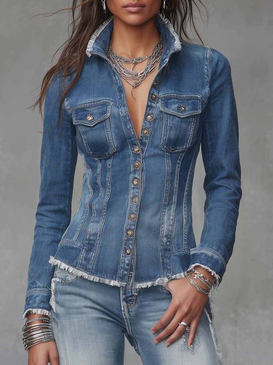 Chamarra Camisera de Mezclilla Retro con Orilla Deshilachada