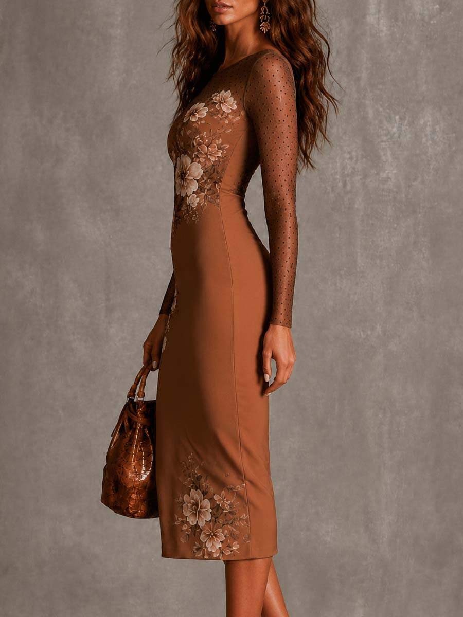 Vestido Midi Ceñido de Malla con Flores y Lunares