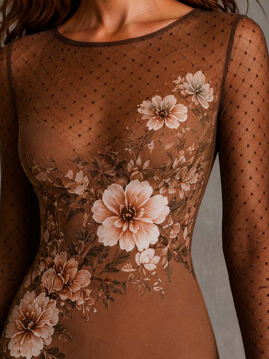 Vestido Midi Ceñido de Malla con Flores y Lunares