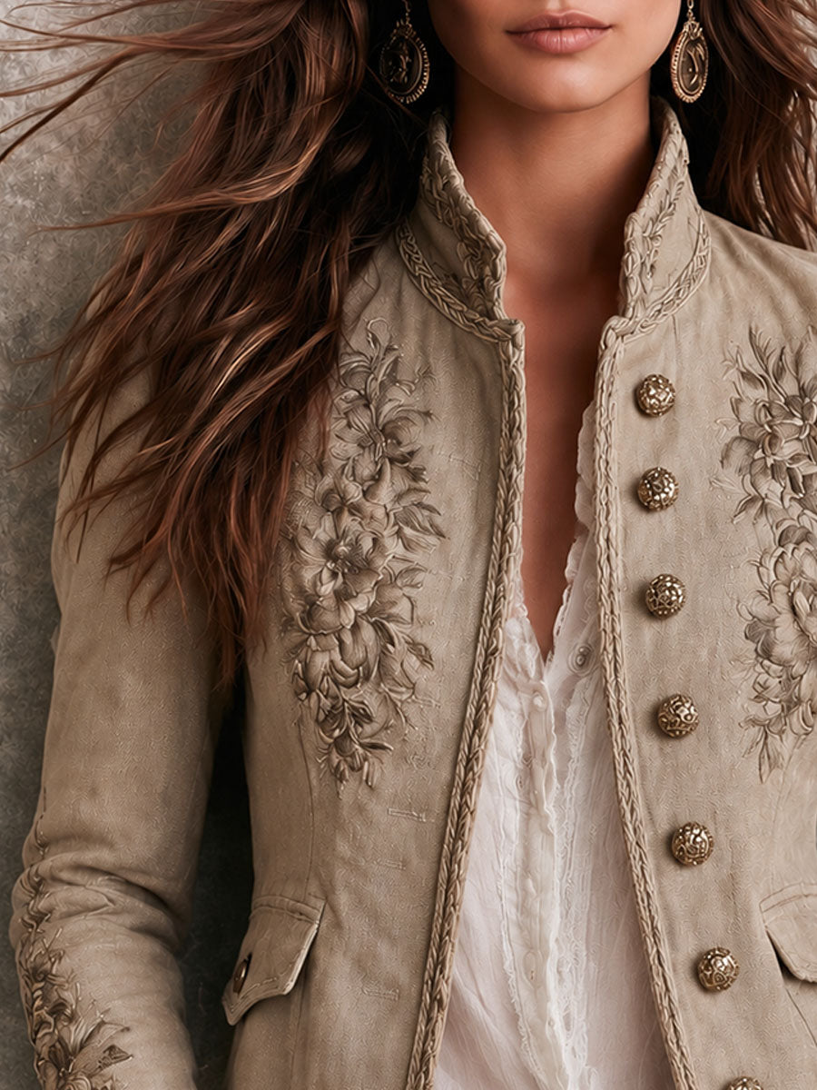 Chamarra Beige Retro con Cuello Mao y Bordado Floral