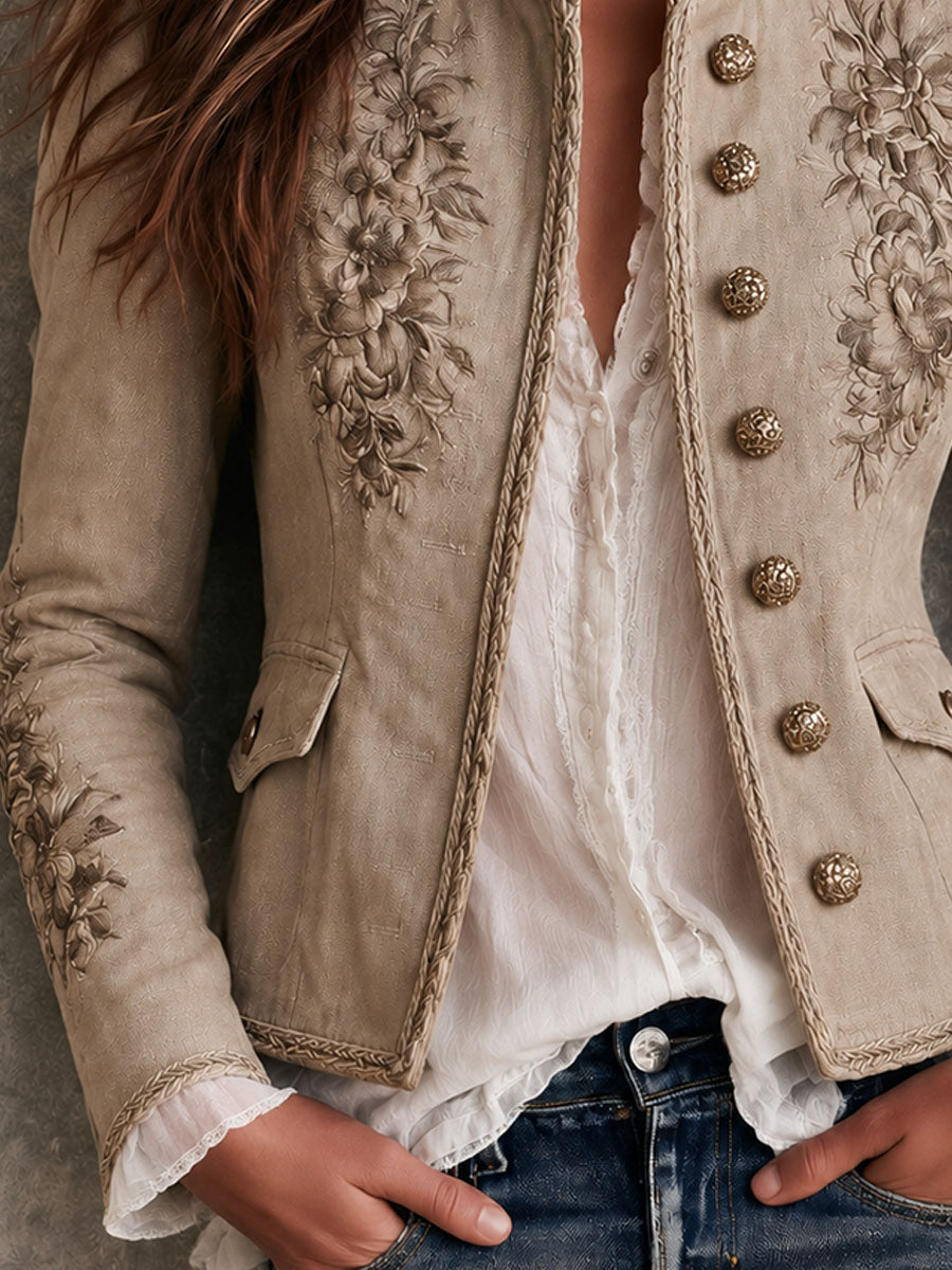 Chamarra Beige Retro con Cuello Mao y Bordado Floral