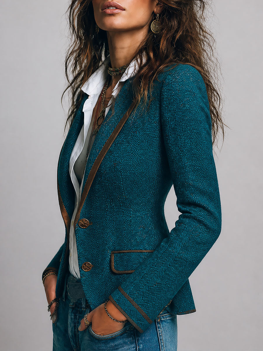 Saco Entallado de Tweed Espiga con Ribete en Contraste