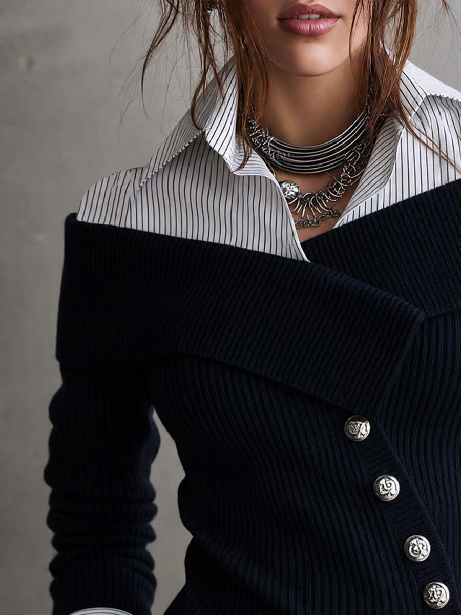 Blusa de Punto con Efecto Capas y Botonadura Asimétrica