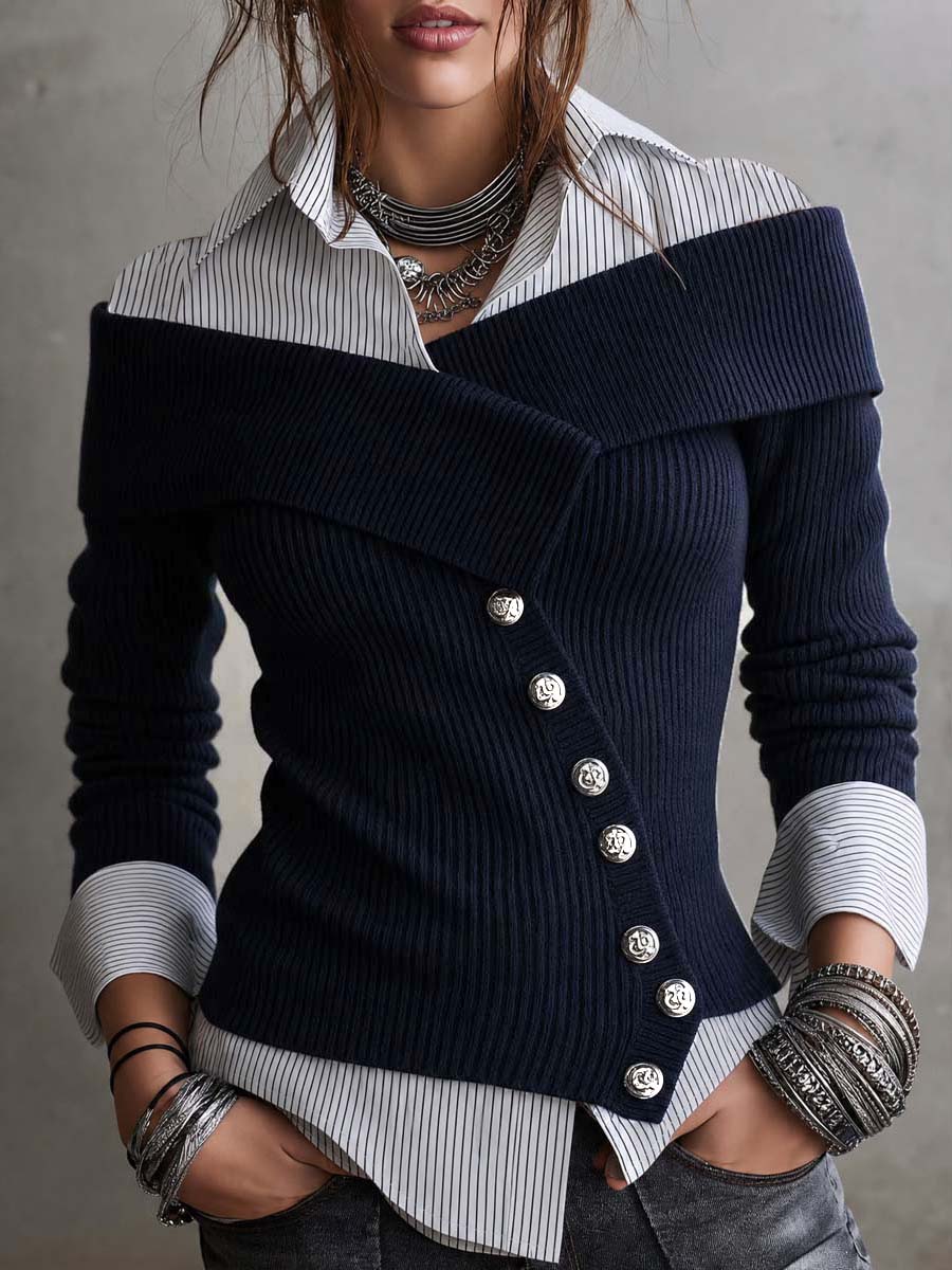 Blusa de Punto con Efecto Capas y Botonadura Asimétrica