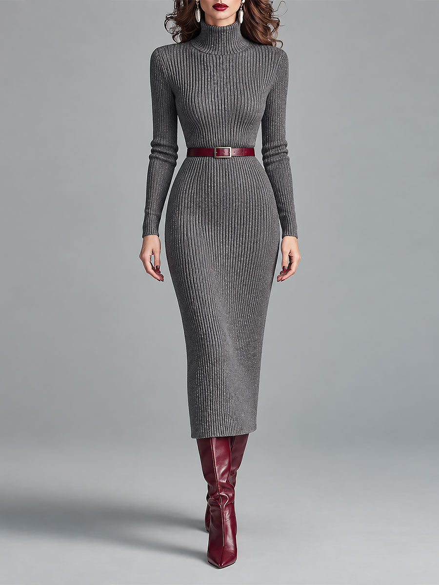 Vestido Midi Entallado de Cuello Alto con Cinturón