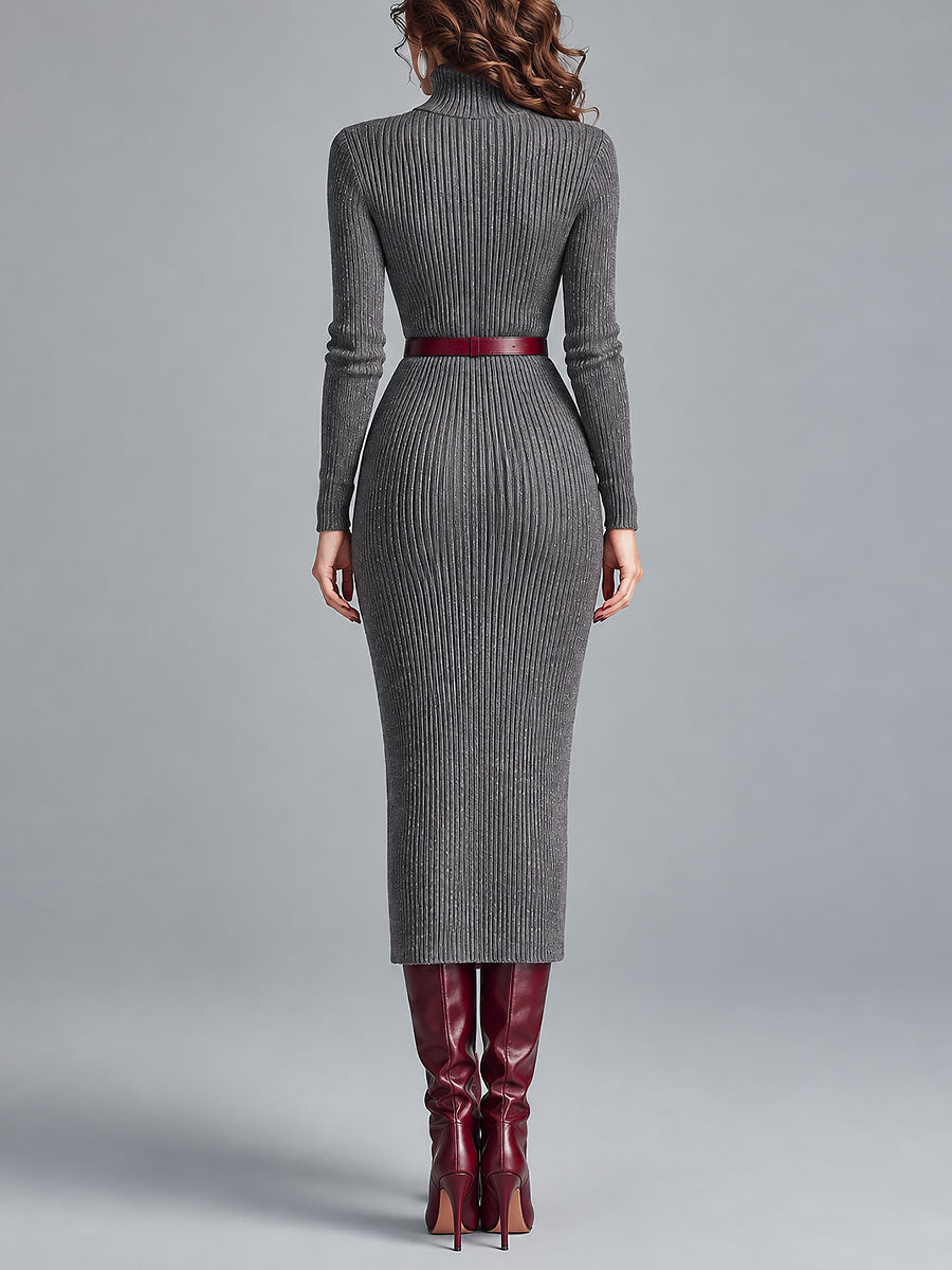 Vestido Midi Entallado de Cuello Alto con Cinturón