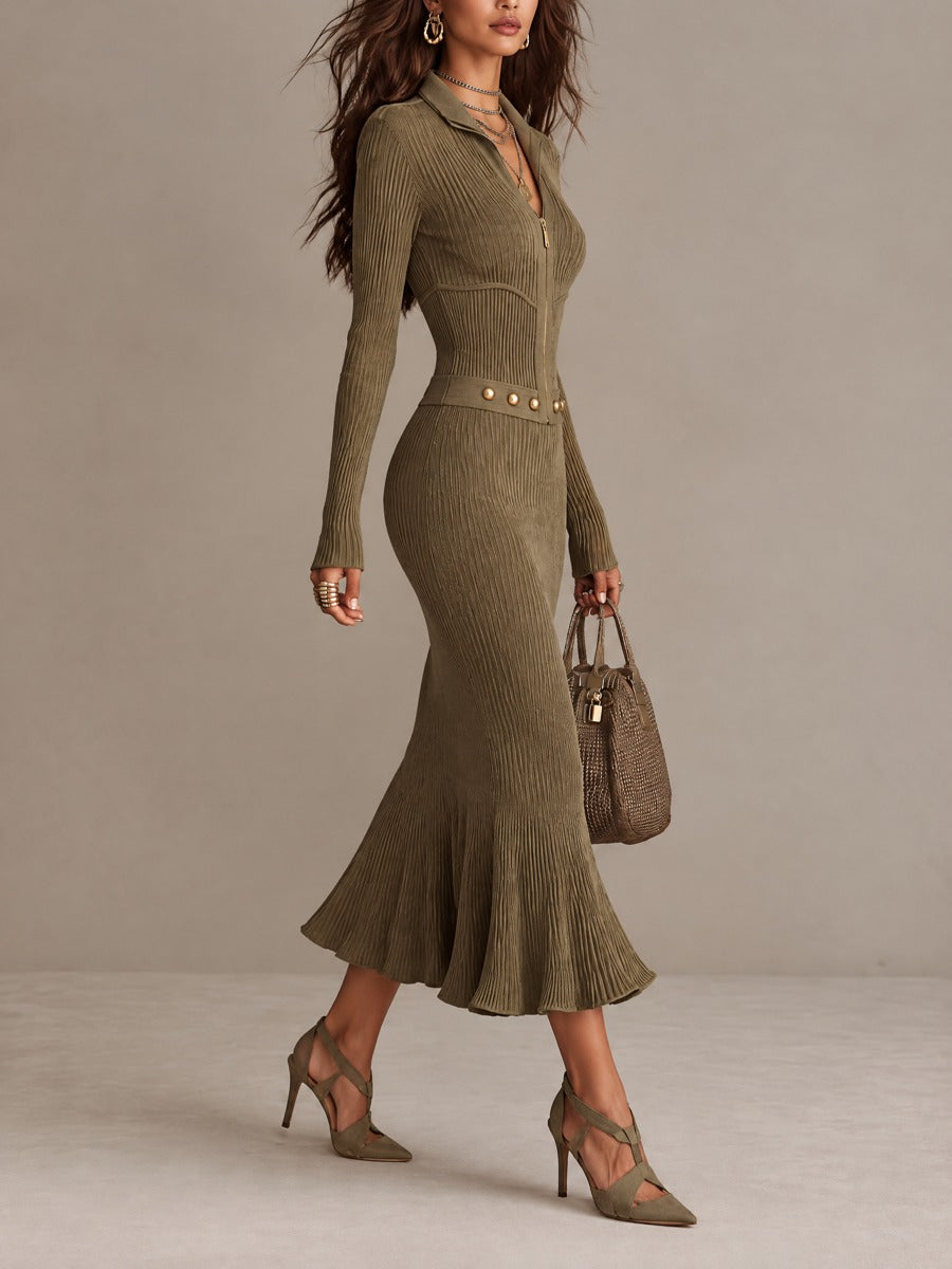Vestido Midi Sirena de Punto Acanalado con Cierre y Cinturón de Estoperoles