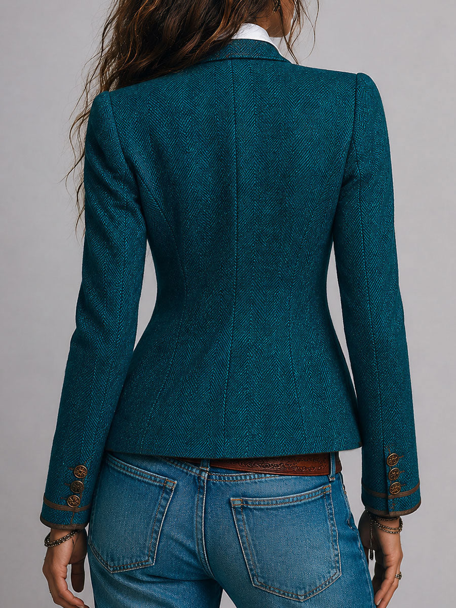 Saco Entallado de Tweed Espiga con Ribete en Contraste