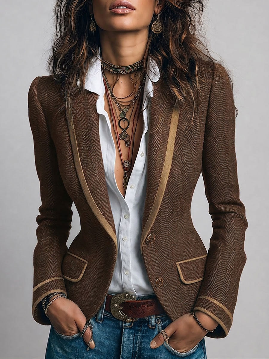 Saco Entallado de Tweed Espiga con Ribete en Contraste
