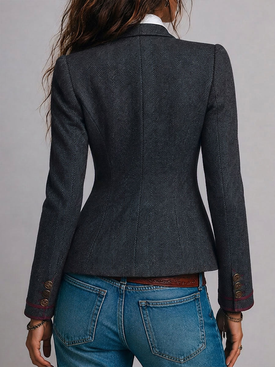 Saco Entallado de Tweed Espiga con Ribete en Contraste