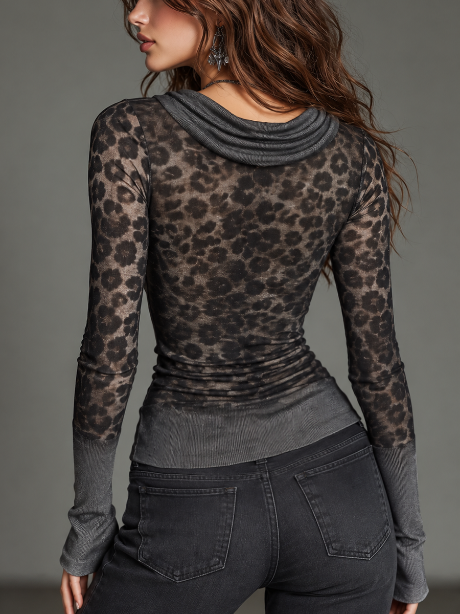 Top Gris Carbón de Leopardo con Cuello Drapeado