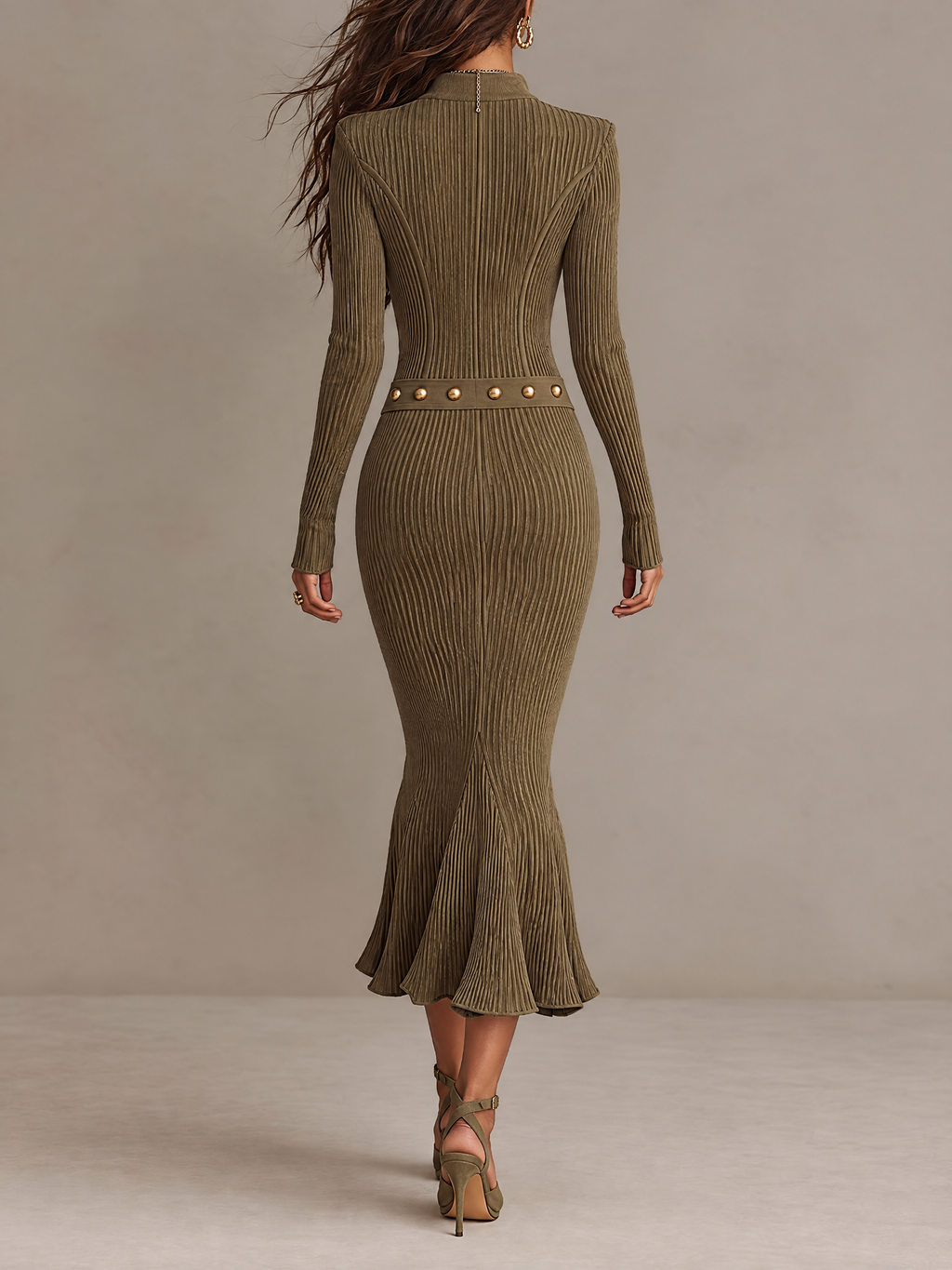 Vestido Midi Sirena de Punto Acanalado con Cierre y Cinturón de Estoperoles