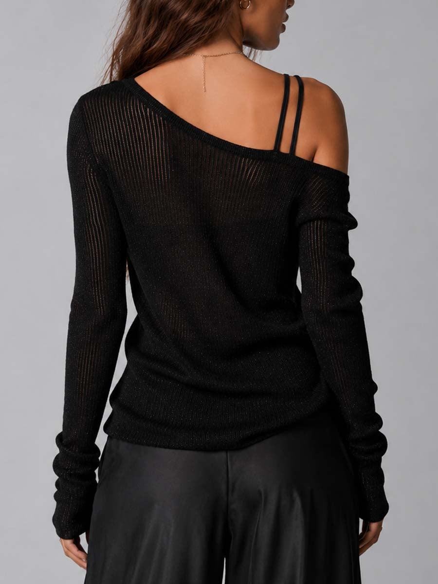 Blusa Negra de Punto Transparente con Brillo y Hombros Descubiertos Asimétricos