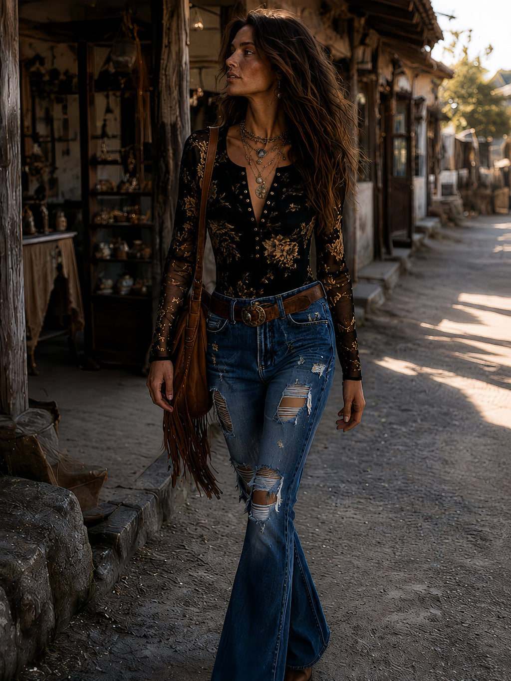 Blusa Boho de Malla Transparente con Estampado Floral