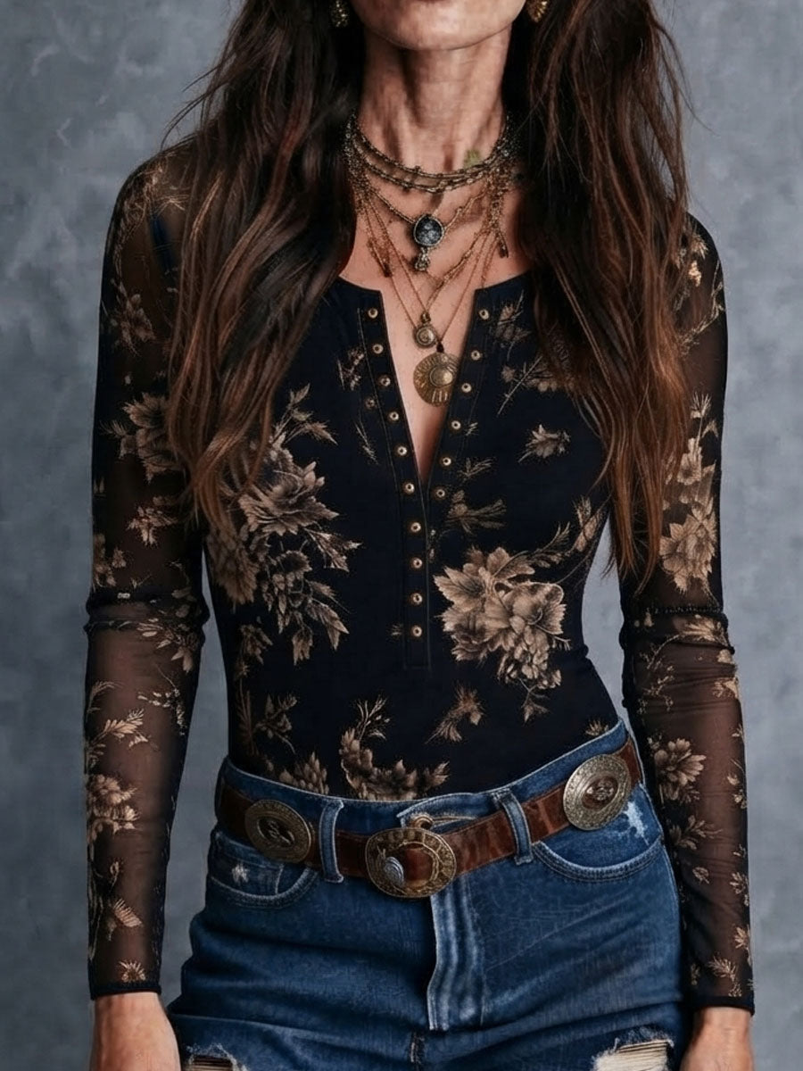 Blusa Boho de Malla Transparente con Estampado Floral