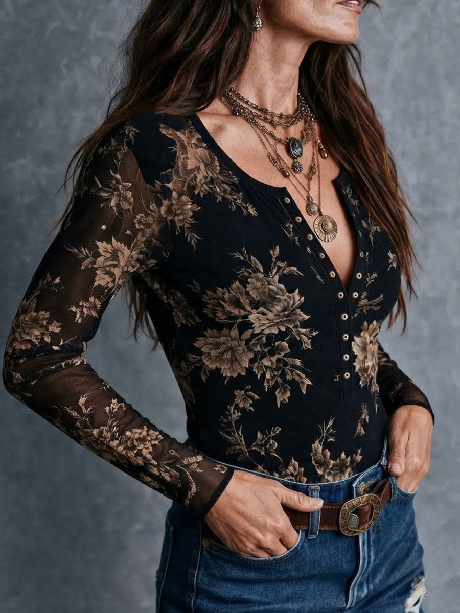 Blusa Boho de Malla Transparente con Estampado Floral