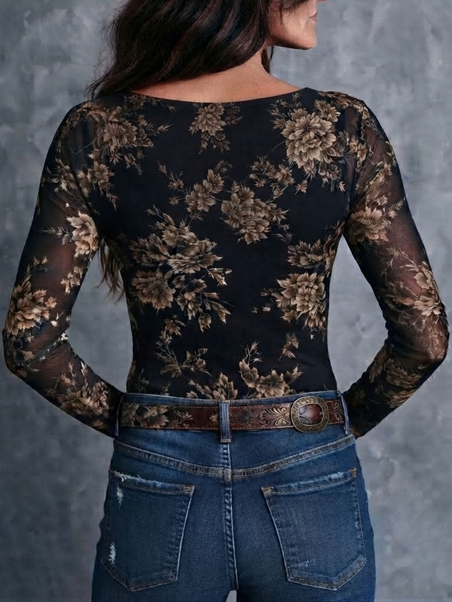 Blusa Boho de Malla Transparente con Estampado Floral
