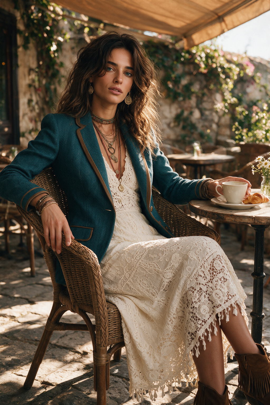 Saco Entallado de Tweed Espiga con Ribete en Contraste