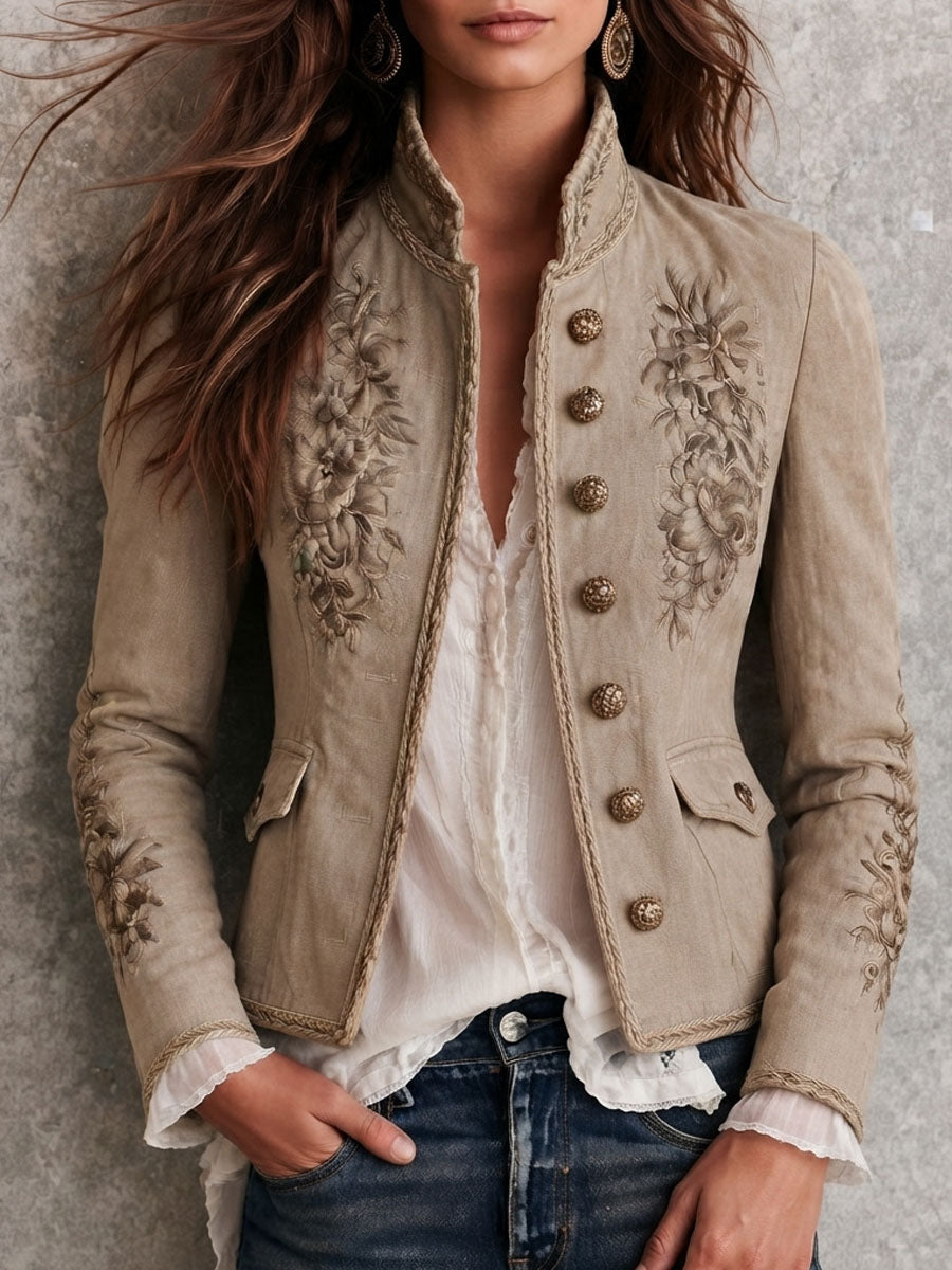 Chamarra Beige Retro con Cuello Mao y Bordado Floral