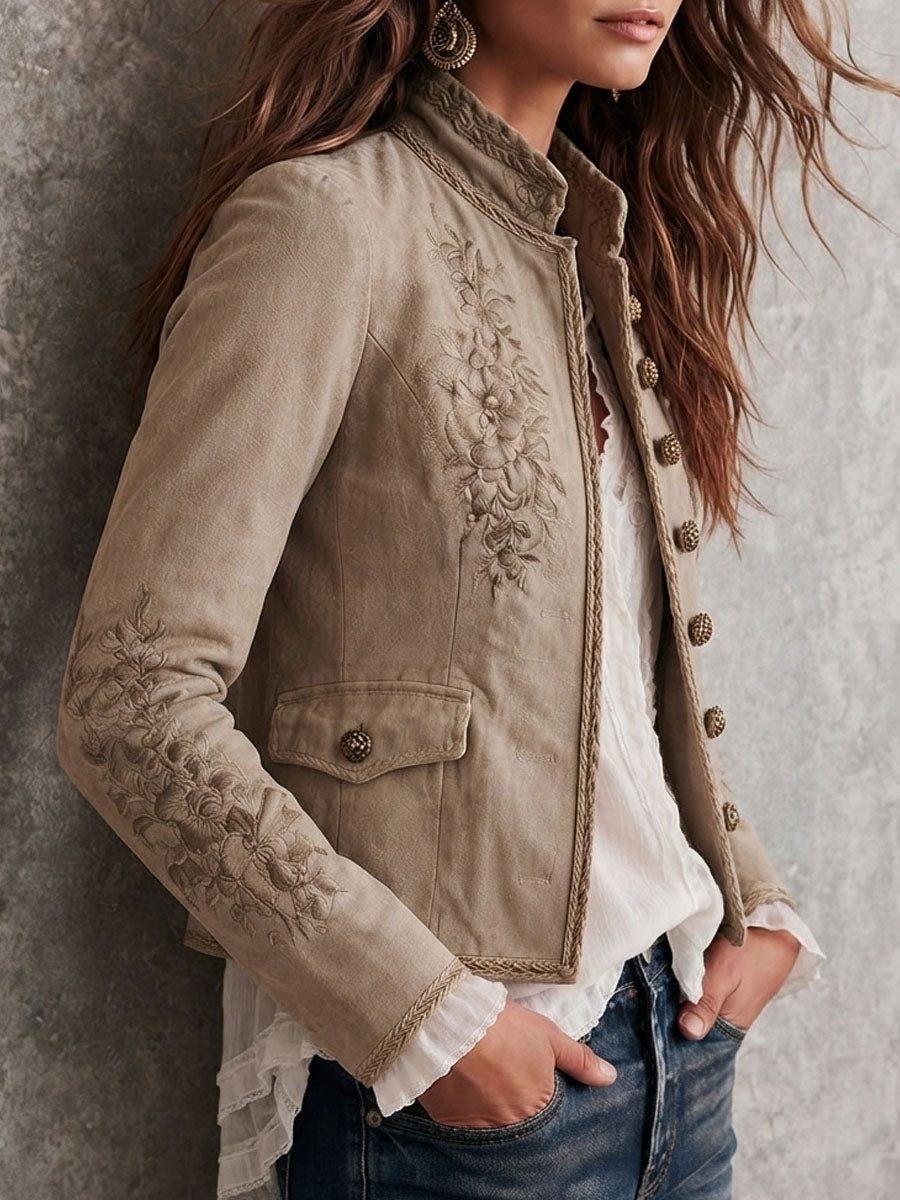 Chamarra Beige Retro con Cuello Mao y Bordado Floral