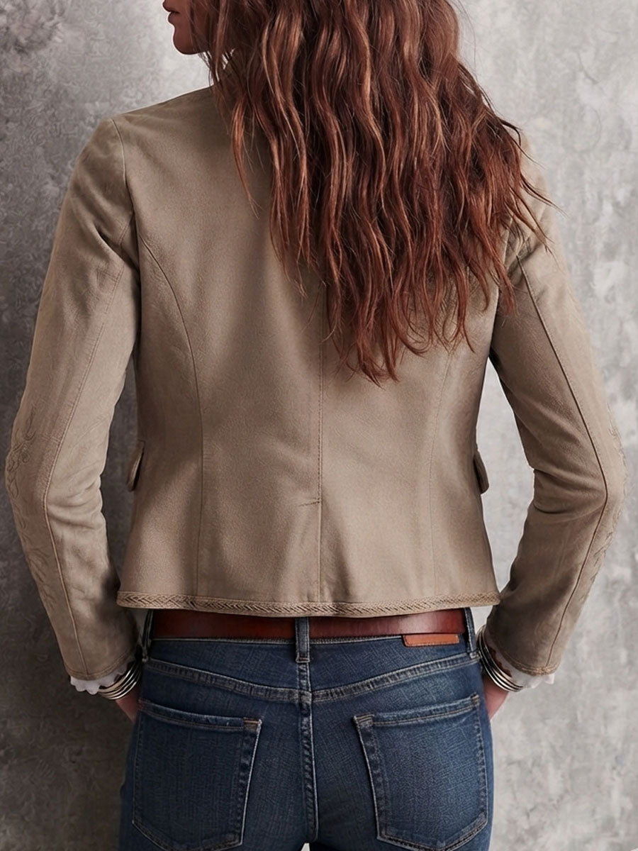 Chamarra Beige Retro con Cuello Mao y Bordado Floral