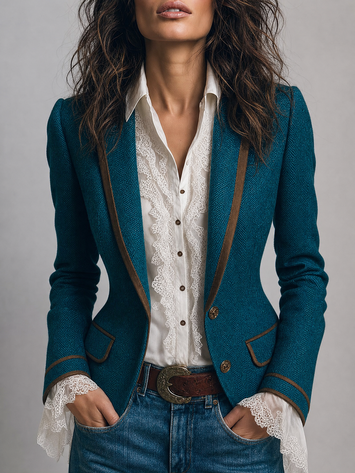 Saco Entallado de Tweed Espiga con Ribete en Contraste